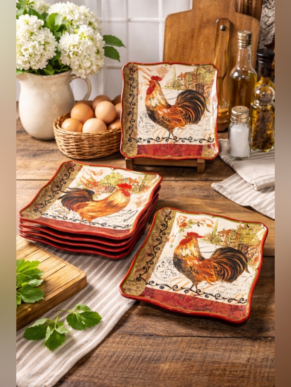 “Set of 6 Certified International Rooster Plates Farmhouse Kitchen Decor”
